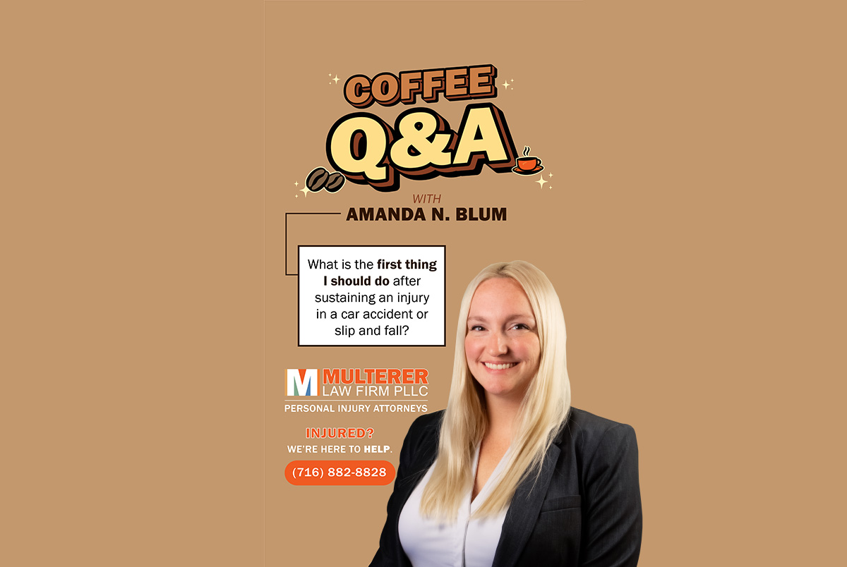 Photo of personal injury attorney Amanda N Blum and the logo for Multerer Law's Coffee Q&A.